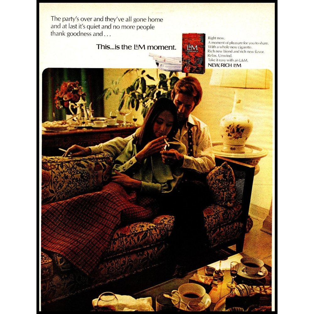1971 L&M Cigarettes Vintage Print Ad Couple Couch Coffee Cocktails Date Wall Art